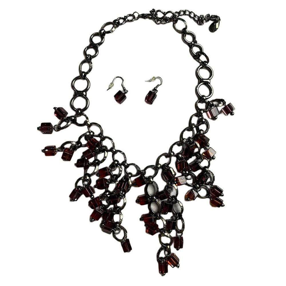 Statement Necklace & Earrings Set • Purple & Amber Beaded Dangle Bib Jewelry • G